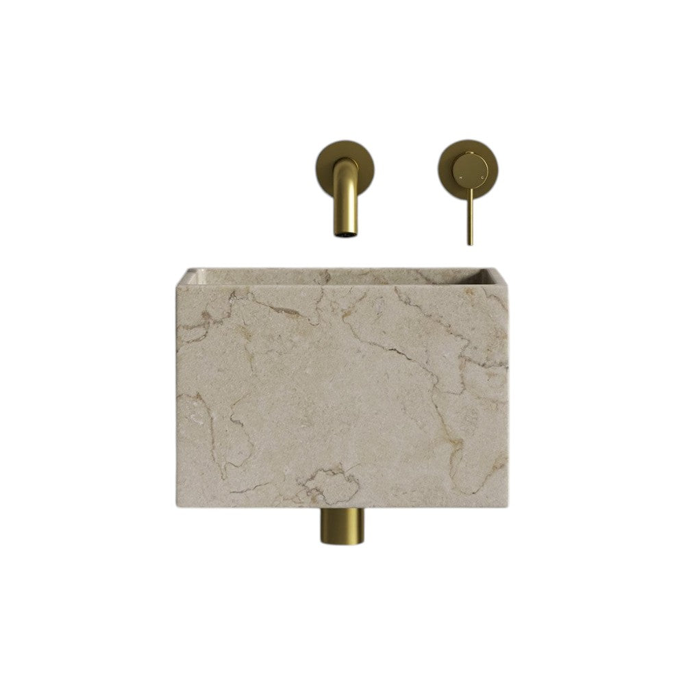 Aria Crema Marfil Marble Wall-Hung Basin 300mm – Compact Natural Stone Wall Mounted Sink with Polished Finish, Luxury Bathroom Basin with Bracket & Waste Cover