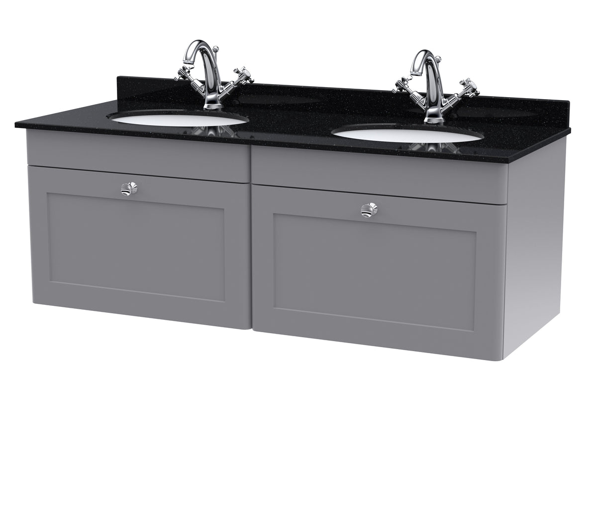 nuie Classique 1200mm 2 Drawer Wall Hung Vanity Unit With 2 Tap Hole Black Quartz Basin