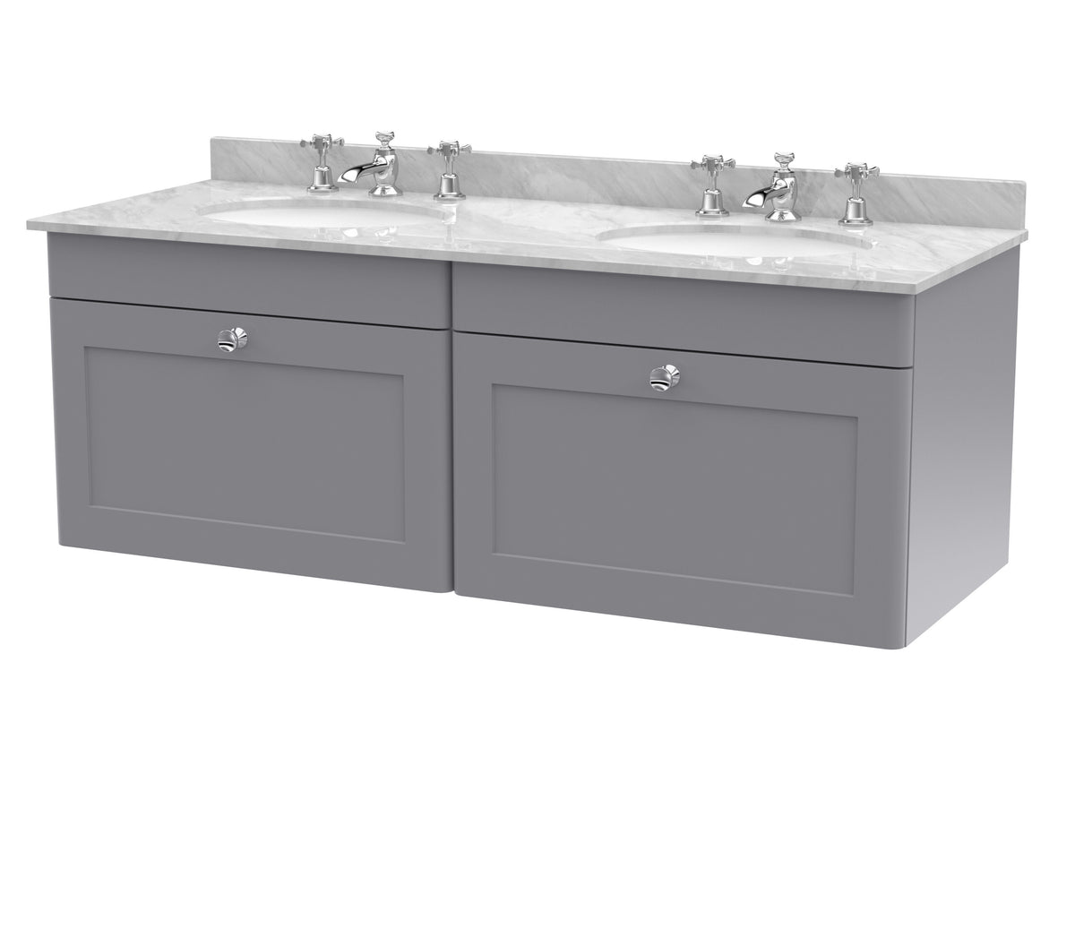 nuie Classique 1200mm 2 Drawer Wall Hung Vanity Unit With 6 Tap Hole Grey Marble Basin