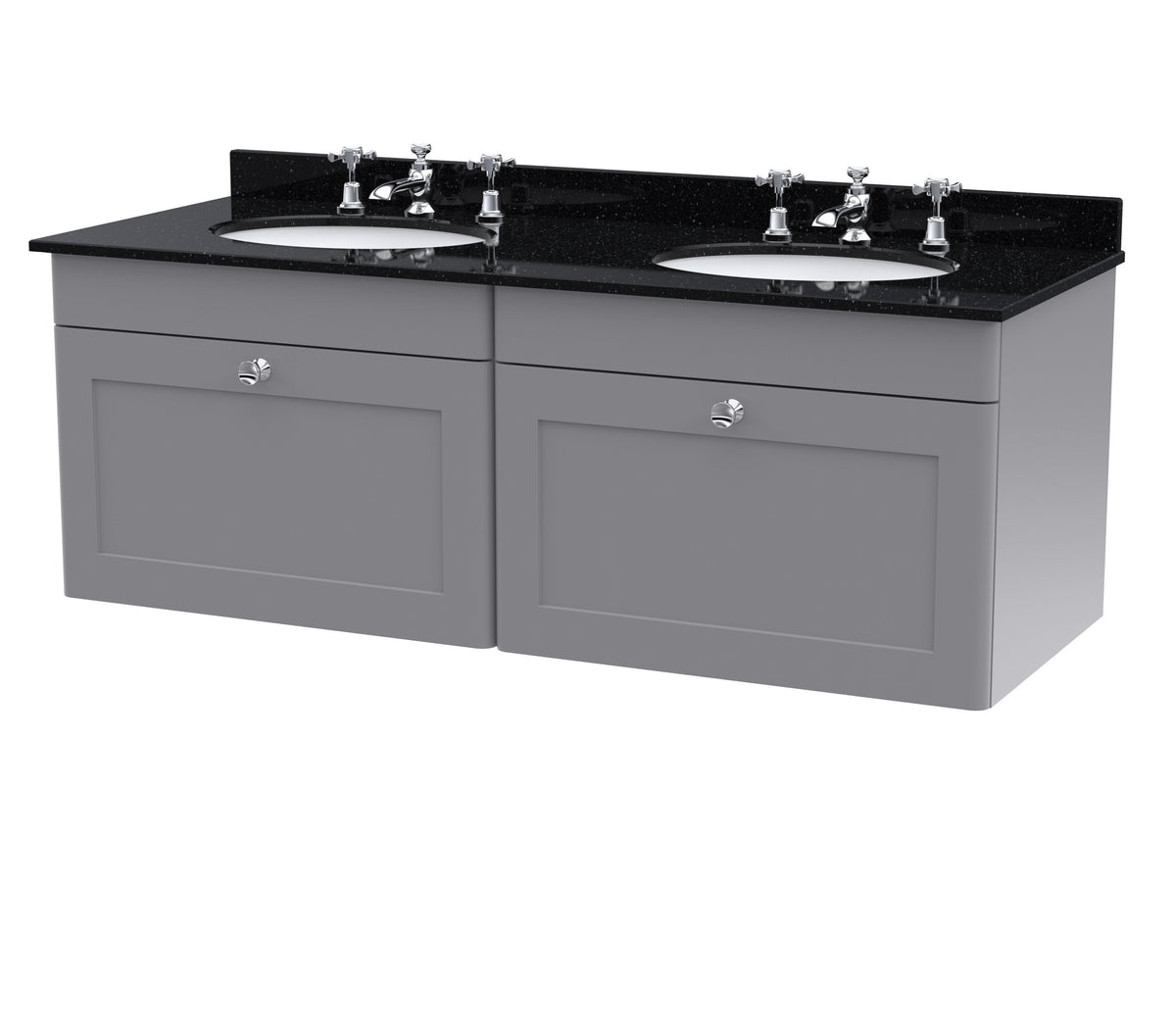 nuie Classique 1200mm 2 Drawer Wall Hung Vanity Unit With 6 Tap Hole Black Marble Basin