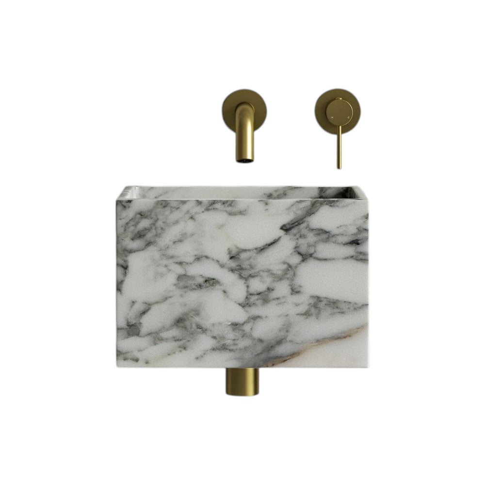 Aria Arabescato Marble Wall Hung Basin 300mm – Compact Luxury Polished Italian Marble Wall Mounted Bathroom Sink with Natural Veining, Includes Bracket & Waste Cover