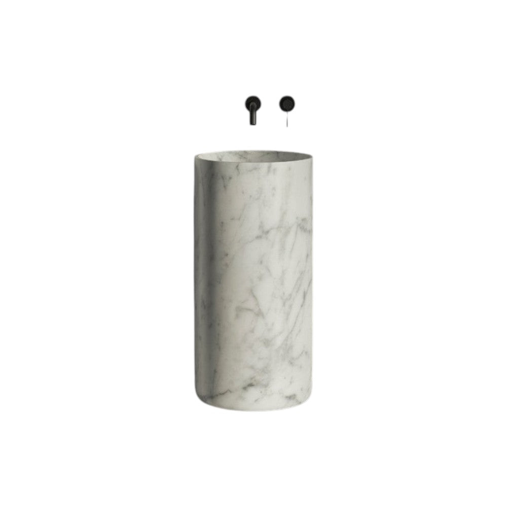 Alta Carrara Marble Freestanding Basin 400mm – Polished Natural Carrara Marble Pedestal Sink with Waste Cover, 820mm Height