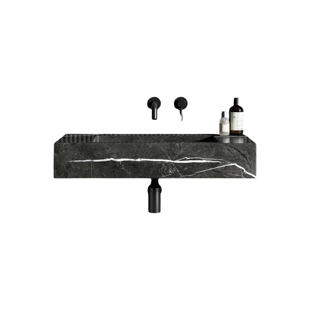 Dina Pietra Grey Marble Wall Hung Basin 800mm – Polished Natural Stone Bathroom Sink with Support Bracket & Waste Cover