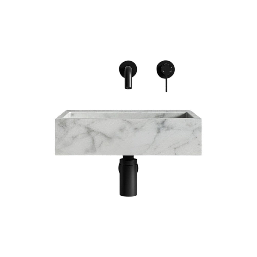 Magno Carrara Marble Wall Hung Basin 400mm – Solid Natural Carrara Marble Wall-Mounted Sink, Polished Finish, Luxury Space-Saving Bathroom Basin with Waste Cover Included
