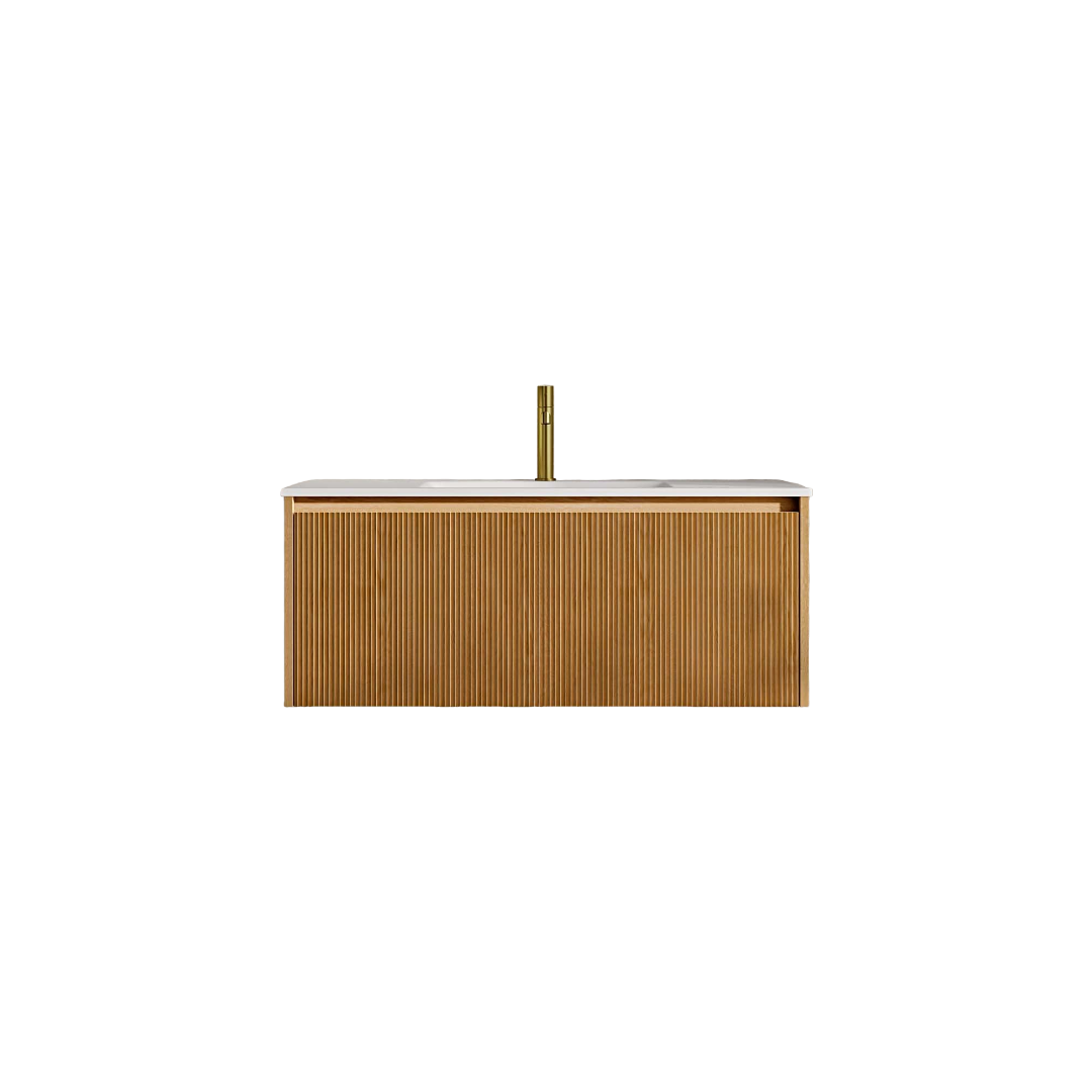 Capri 1000mm Oak Vanity Unit with Stone Basin – Wall Mounted Bathroom Vanity Cabinet with Soft-Close Drawer, Solid Surface Countertop & LED Interior Lighting