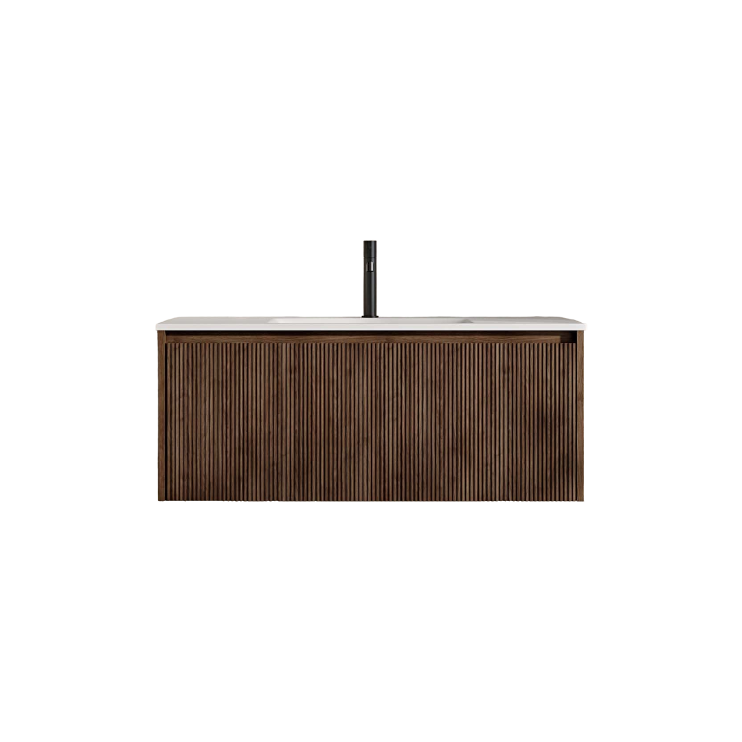 Capri 1000mm Walnut Wall Hung Vanity Unit with Stone Basin, Soft-Close Drawer & Integrated LED Lighting