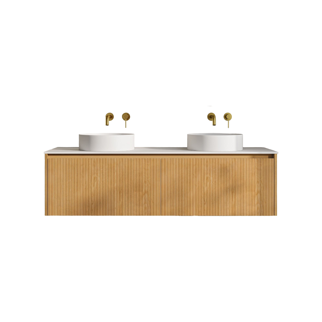 Capri 1500mm Oak Wall Hung Vanity Unit with Solid Surface Countertop, Soft-Close Double Drawers