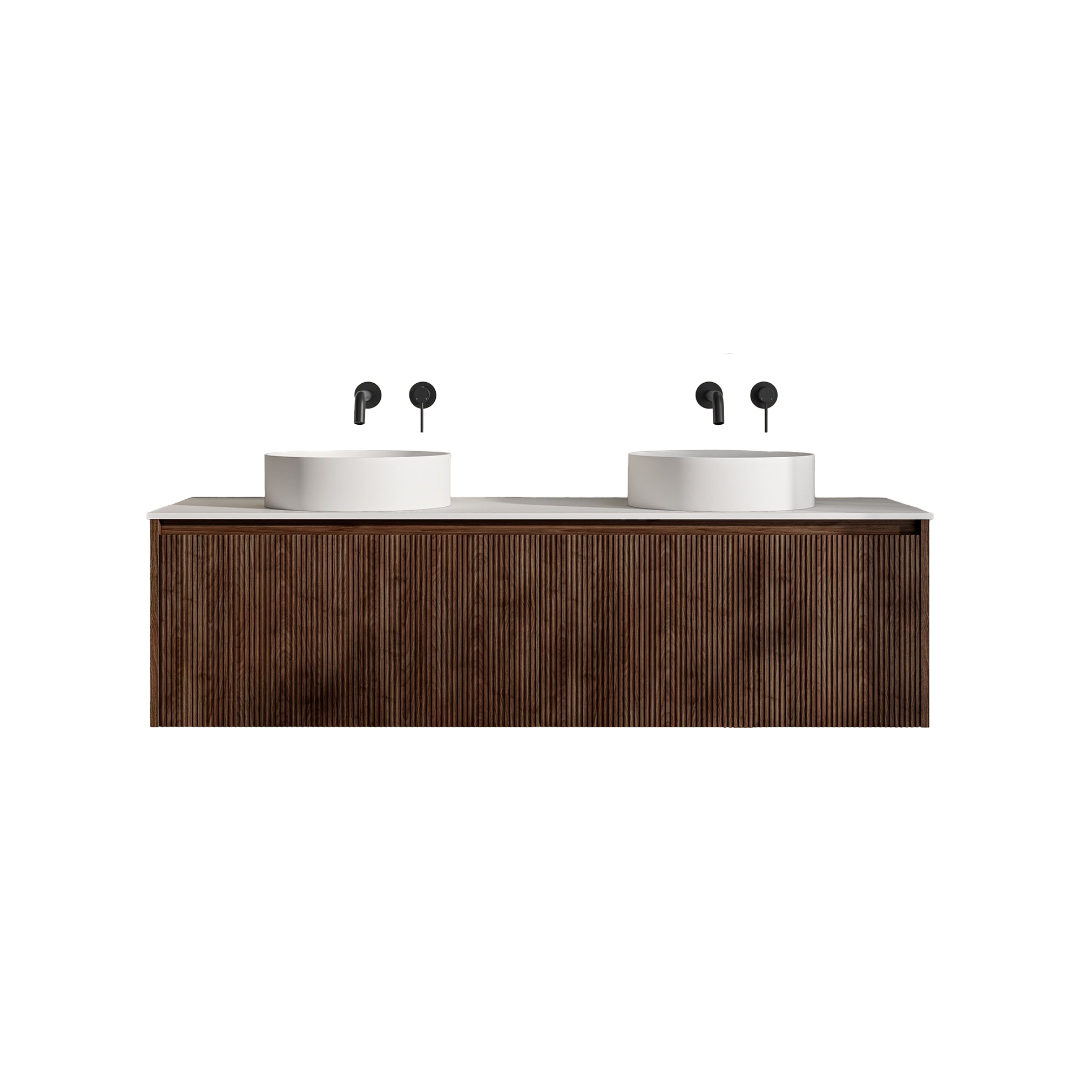 Capri 1500mm Walnut Wall Hung Vanity Unit with Solid Surface Countertop, Double Soft-Close Drawers & Pre-Drilled Tap Hole