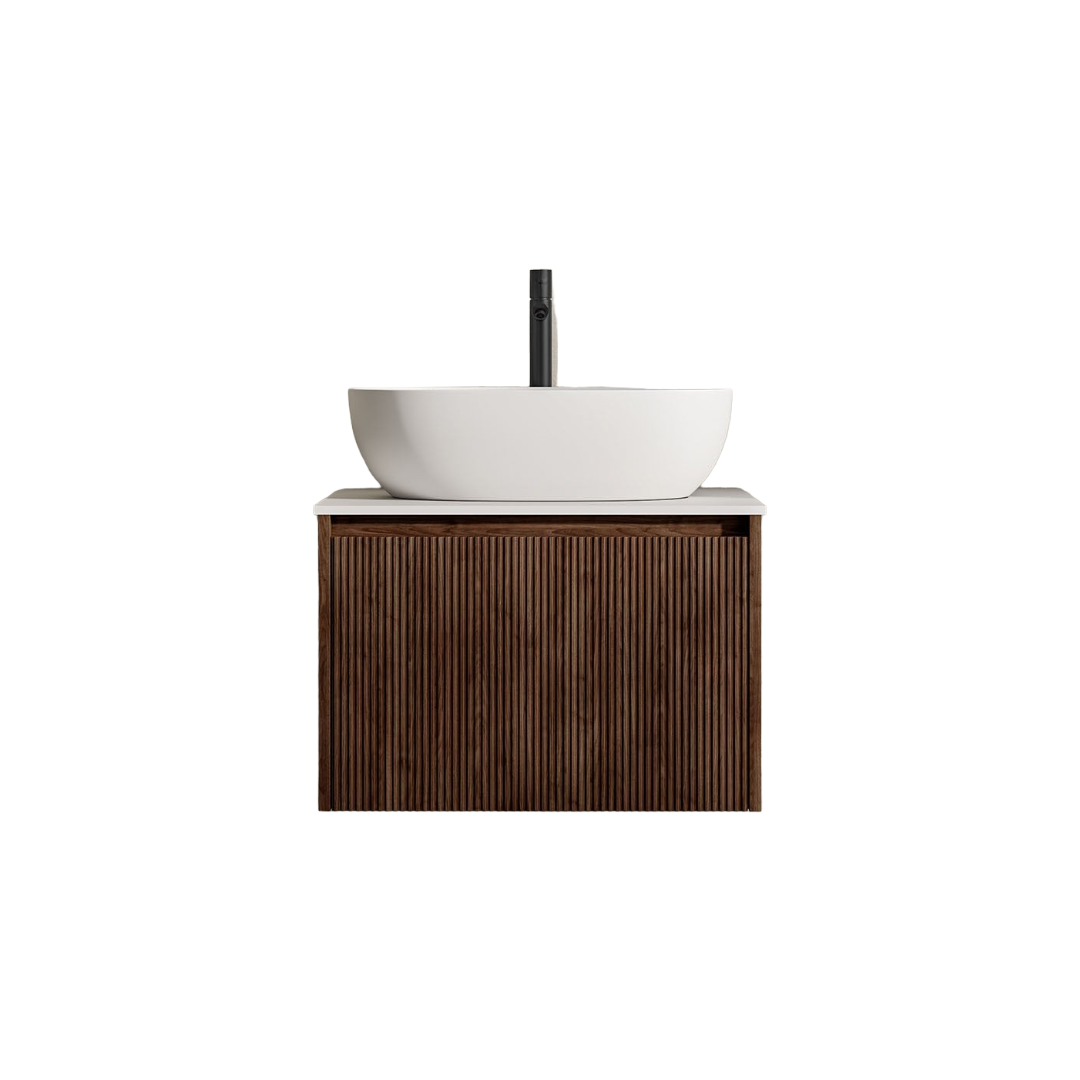 Capri 600mm Walnut Vanity Unit with Solid Surface Countertop – Wall Hung Bathroom Cabinet, Soft-Close Drawer, Modern Storage Solution (Basin Not Included)