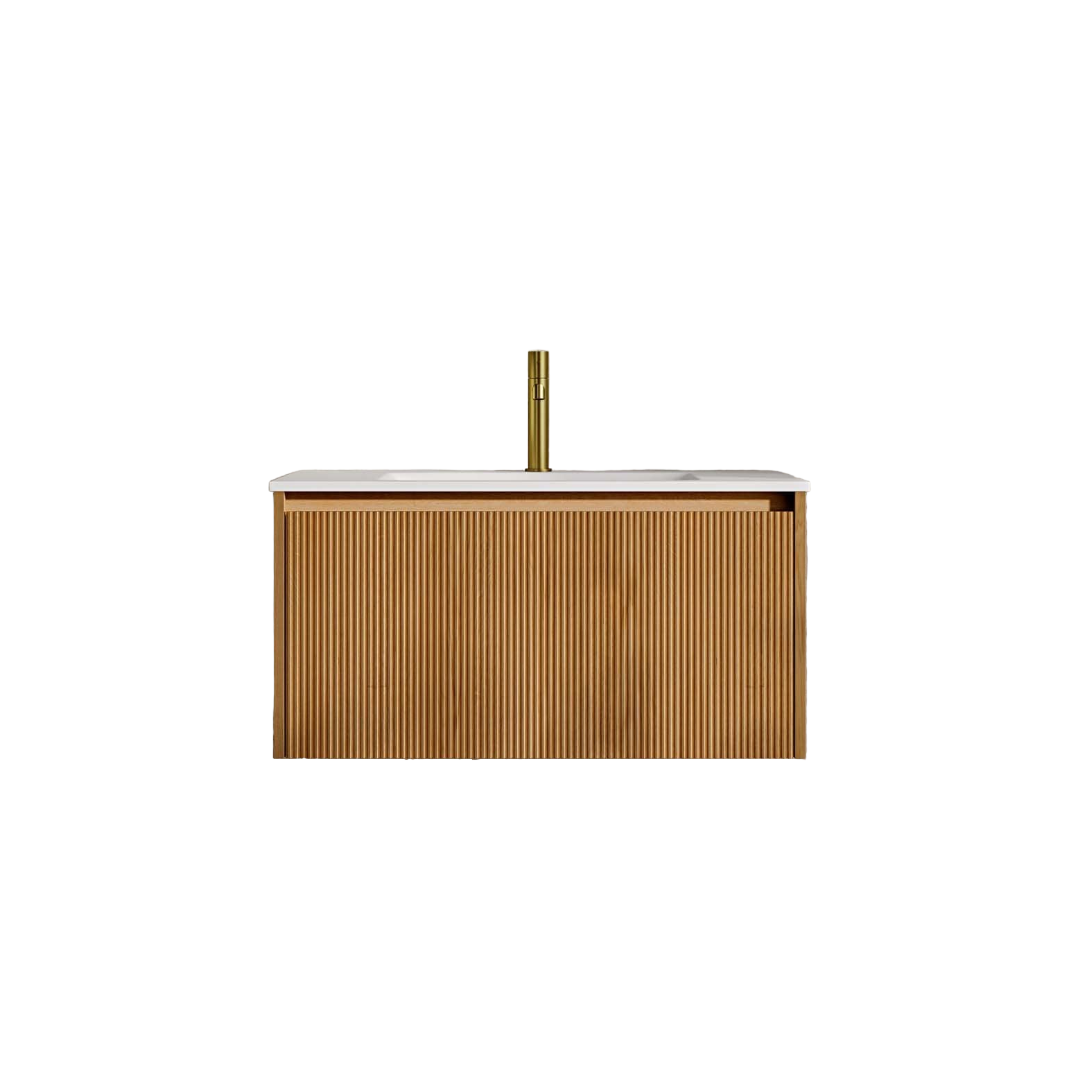 Capri 800mm Oak Vanity Unit with Stone Basin – Wall Hung Bathroom Vanity with Soft-Close Drawer, LED Interior Lighting & Solid Surface Countertop by Nosa