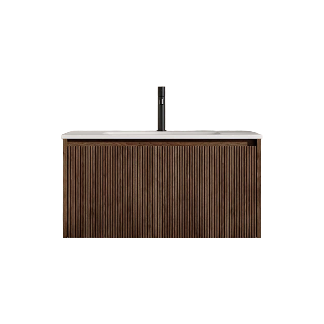 Capri 800mm Walnut Vanity Unit with Stone Basin, Soft-Close Drawer, LED Interior Lighting & Solid Surface Countertop