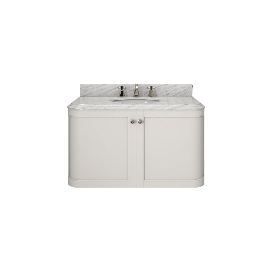 Cavendish 1000mm Matt Cream Wall Hung Vanity Unit with Carrara Marble Countertop & Ceramic Basin – Soft Close Doors, Bevel Edge Design Bathroom Storage Cabinet
