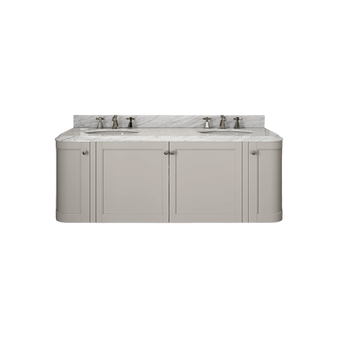 Cavendish 1600mm Matt Stone Wall Hung Vanity Unit with Carrara Marble Countertop & Ceramic Basin – Soft Close Doors, Marine Grade Plywood Bathroom Cabinet