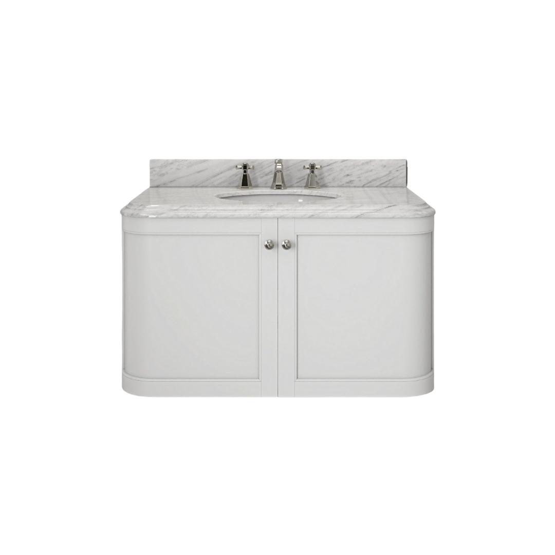 Cavendish Matt White Wall Hung Vanity Unit 1000mm with Carrara Marble Countertop & Ceramic Inset Basin | Soft-Close Doors | Marine Grade Plywood Bathroom Cabinet