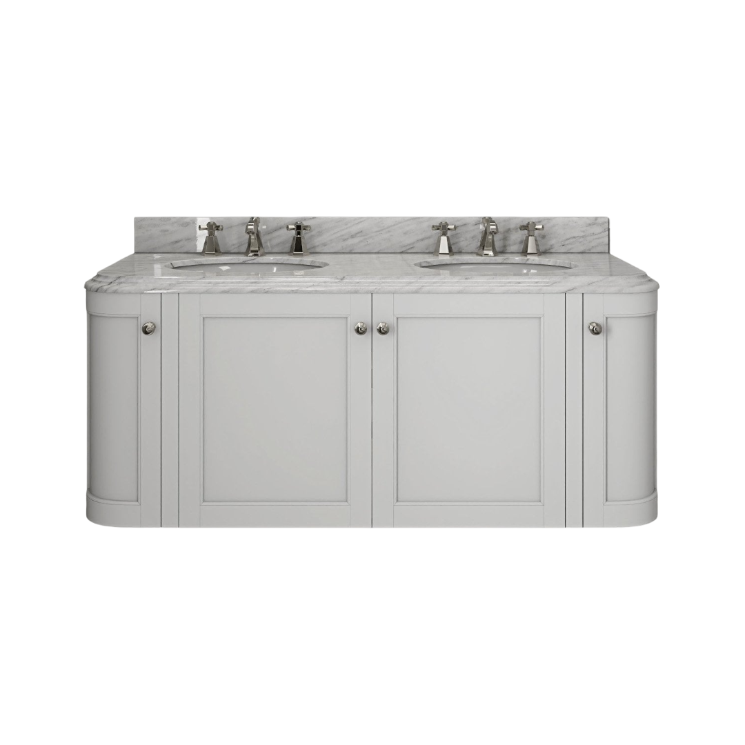 Cavendish 1400mm Matt White Wall Hung Vanity Unit with Carrara Marble Countertop & Ceramic Basin – Soft Close Storage Bathroom Cabinet (Model 121094)