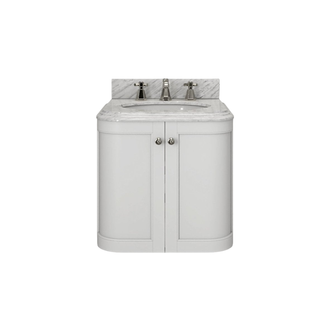Cavendish Matt White Wall Hung Vanity Unit with Carrara Marble Countertop & Ceramic Inset Basin – 600mm
