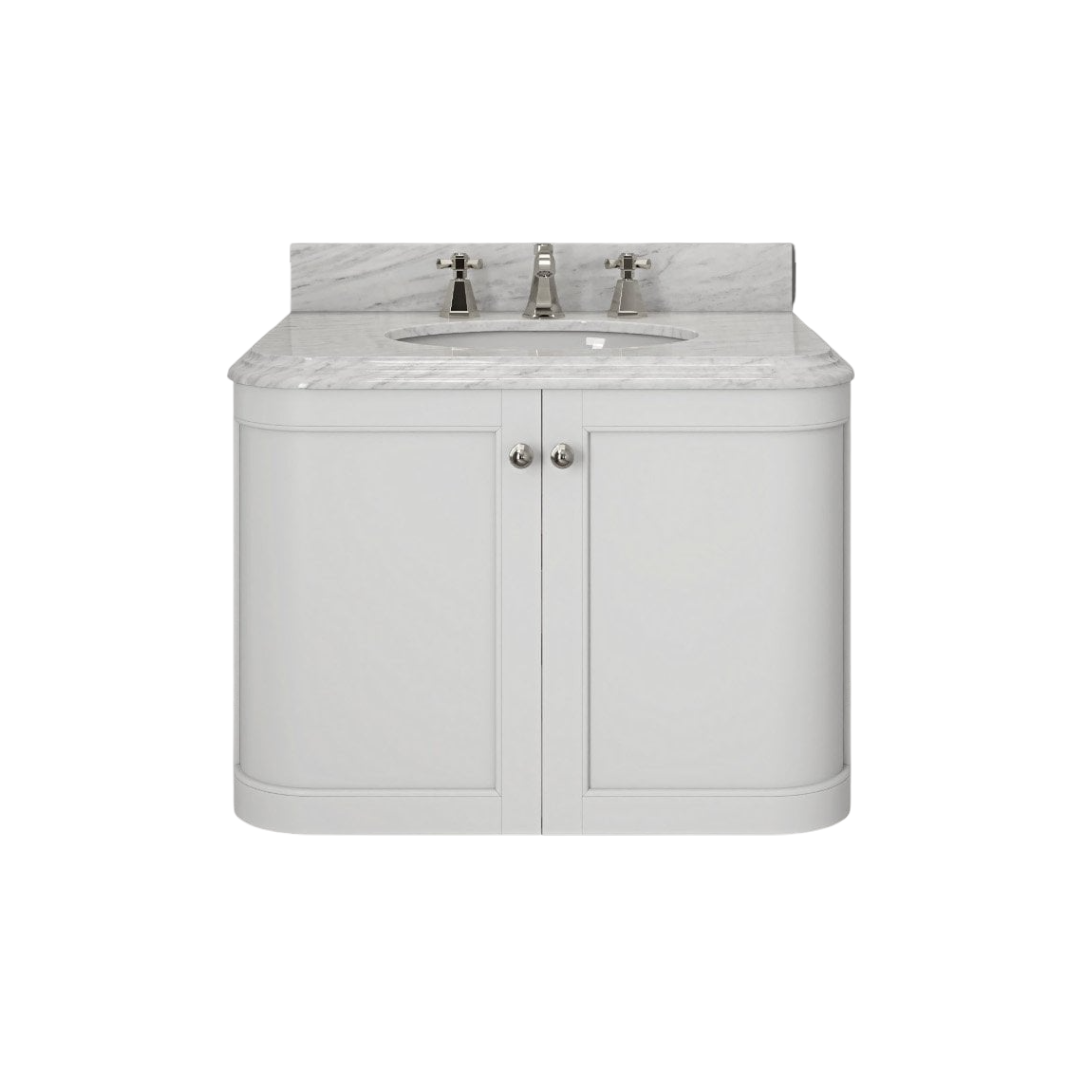 Cavendish Matt White Wall Hung Vanity Unit with Carrara Marble Countertop & Ceramic Inset Basin – 800mm