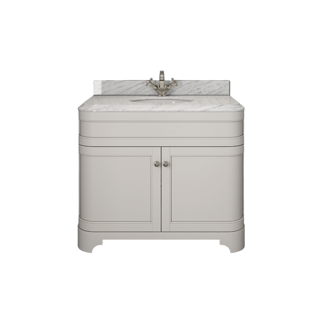 Claridge Matt Cream 1000mm Vanity Unit with Carrara Marble Top & Ceramic Basin – Freestanding Bathroom Cabinet with Soft-Close Doors, Marine Plywood Construction, 10-Year Guarantee