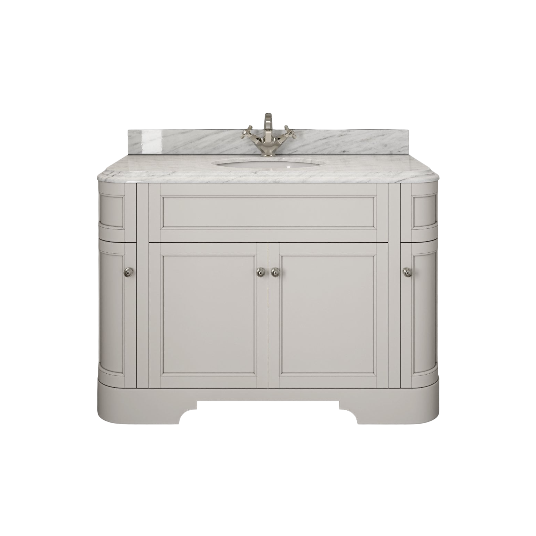 Claridge Matt Cream Freestanding Vanity Unit with Carrara Marble Countertop & Ceramic Inset Basin – 1200mm