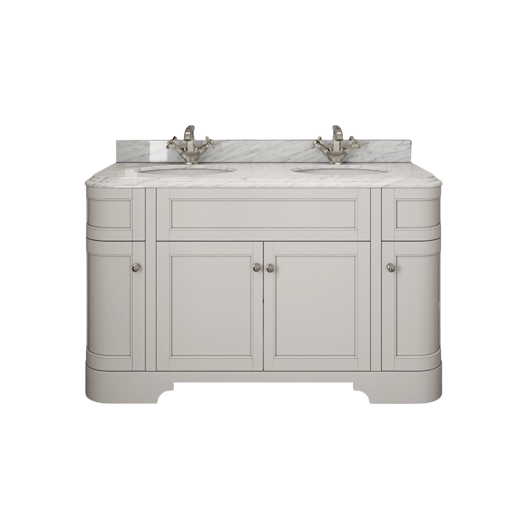 Claridge Matt Cream Freestanding Vanity Unit with Carrara Marble Countertop & Ceramic Inset Basin – 1400mm Luxury Bathroom Cabinet