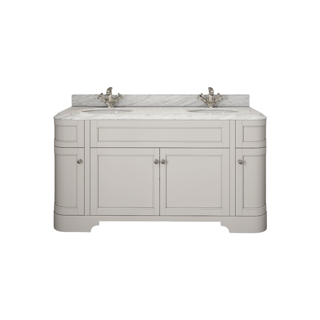 Claridge Matt Cream Freestanding Vanity Unit 1600mm with Carrara Marble Countertop & Ceramic Basin – Soft-Close Storage Bathroom Cabinet, Marine Grade Plywood, Luxury 10-Year Guarantee