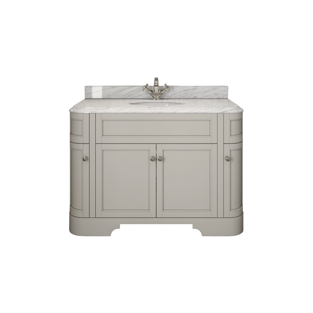 Claridge 1200mm Matt Stone Freestanding Vanity Unit with Carrara Marble Countertop, Ceramic Basin, Soft Close Doors & Marine Grade Plywood Bathroom Cabinet