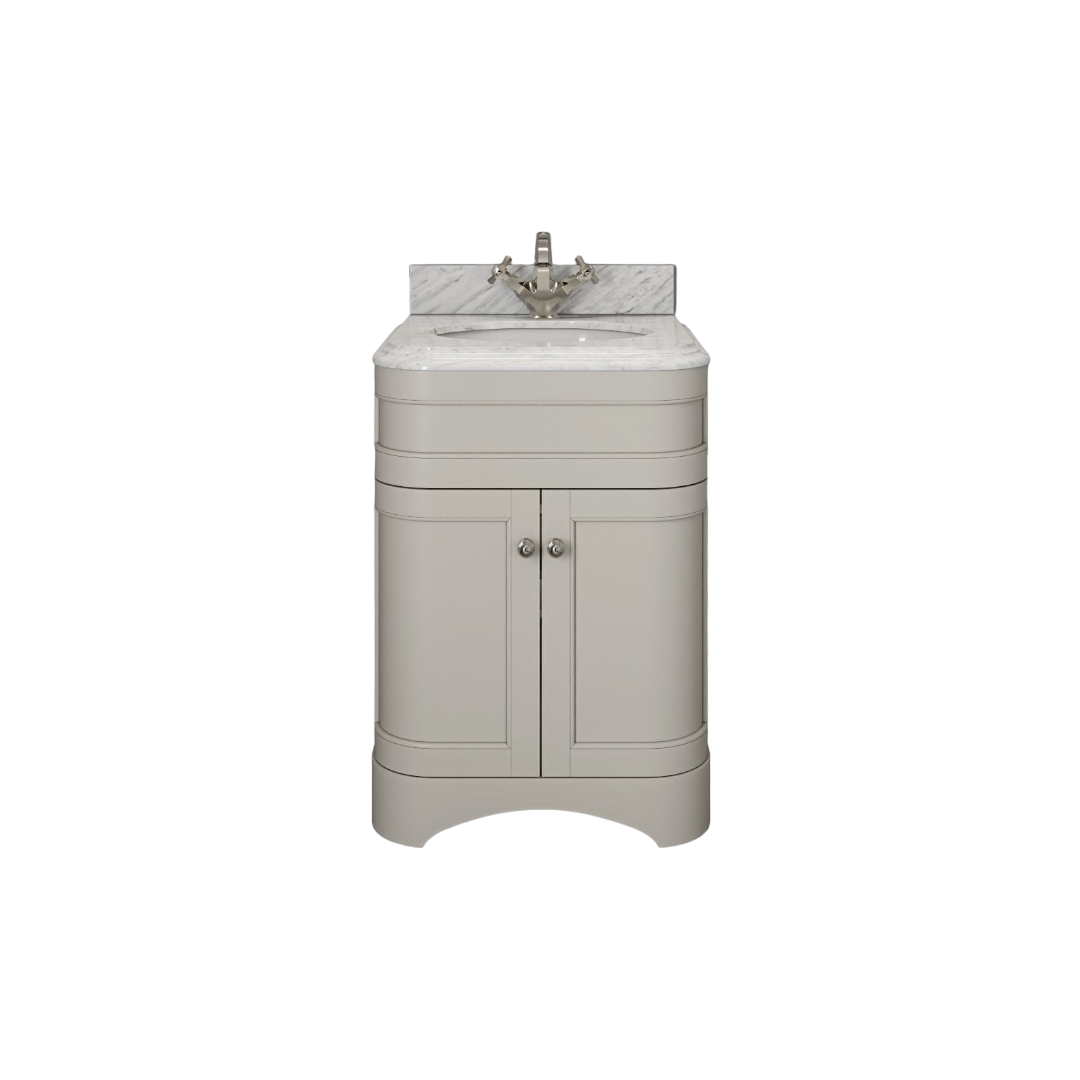 Claridge Matt Stone Vanity Unit 600mm with Carrara Marble Countertop, Ceramic Inset Basin, Soft-Close Doors & Marine Grade Plywood Cabinet – Matt Stone Finish Bathroom Vanity Unit
