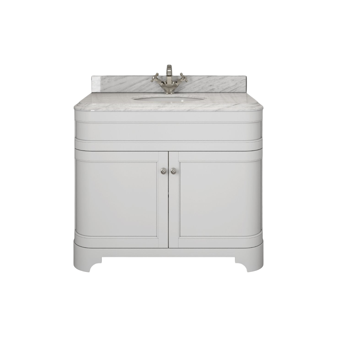 Nôsa Claridge 1000mm Matt White Freestanding Vanity Unit with Carrara Marble Countertop & Ceramic Inset Basin – Soft Close Doors, Marine Grade Plywood Bathroom Cabinet, 10-Year Guarantee