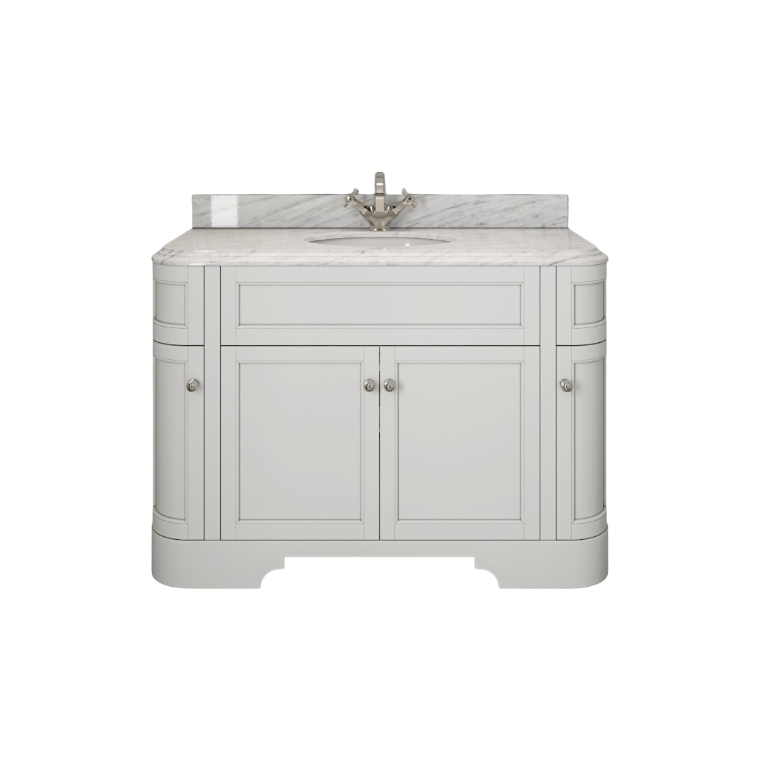 Claridge 1200mm Matt White Freestanding Vanity Unit with Carrara Marble Countertop & Ceramic Basin – Soft Close Bathroom Cabinet, Marine Grade Plywood, 10-Year Guarantee