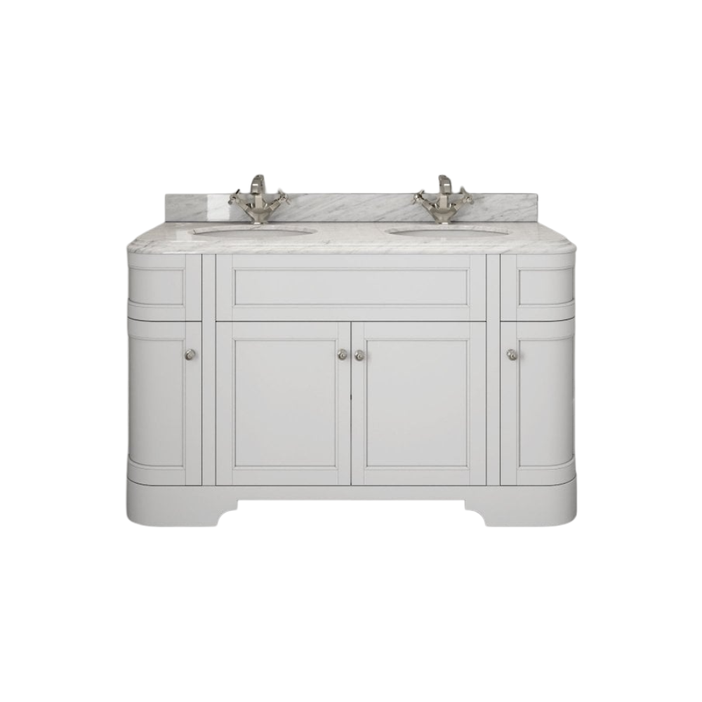 Claridge Matt White Freestanding Vanity Unit with Carrara Marble Countertop & Ceramic Inset Basin – 1400mm