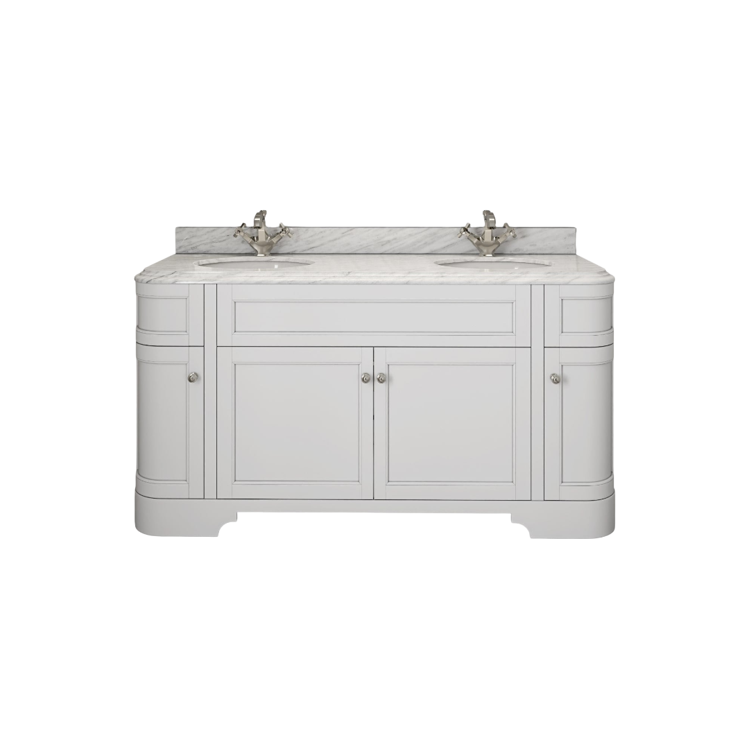 Claridge Matt White Freestanding Vanity Unit 1600mm with Carrara Marble Countertop & Ceramic Inset Basin