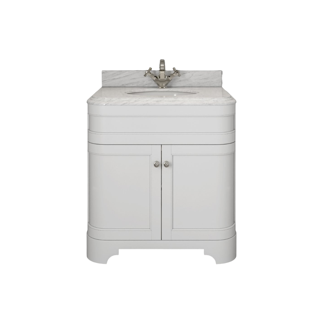 Claridge Matt White Freestanding Bathroom Vanity Unit 800mm with Carrara Marble Countertop & Ceramic Inset Basin