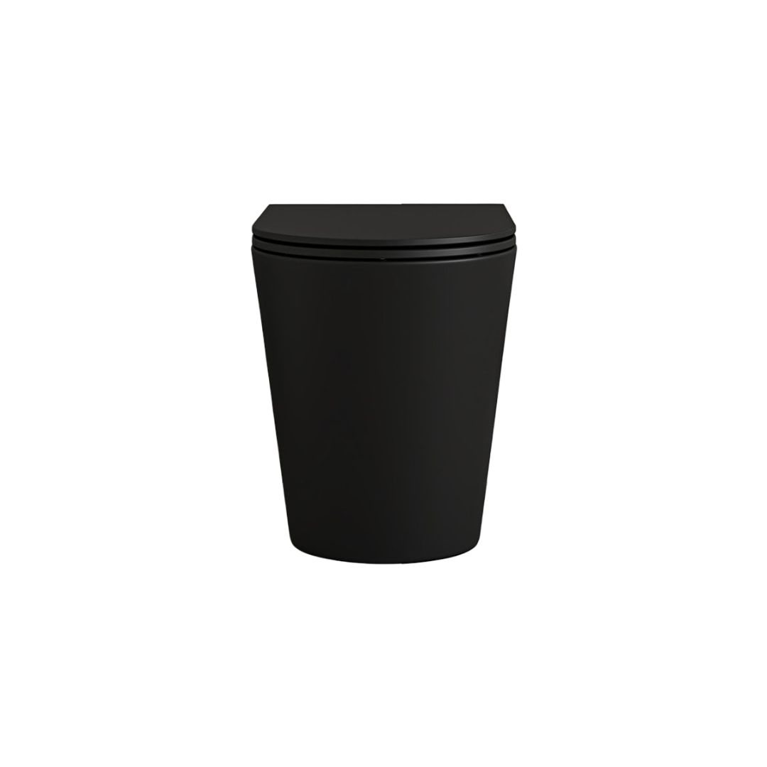 Faro Matt Black Back To Wall Rimless Toilet with Concealed Cistern and Brushed Copper Flush Plate – Soft Close Seat, Silent Flush Technology & Modern Ceramic Design