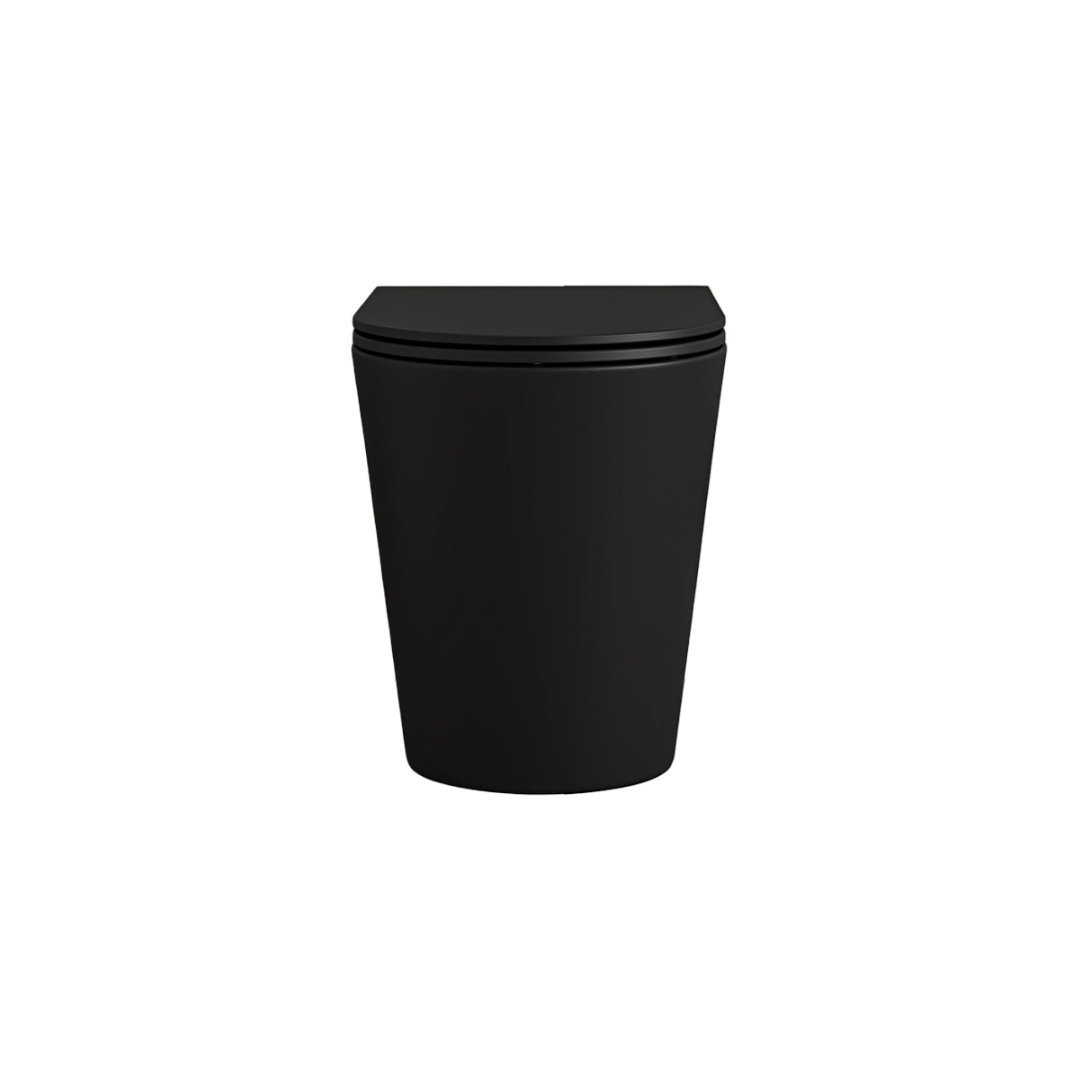 Faro Matt Black Back To Wall Rimless Toilet with Concealed Cistern and Chrome Flush Plate – Soft Close Seat, Silent Flush Ceramic Design