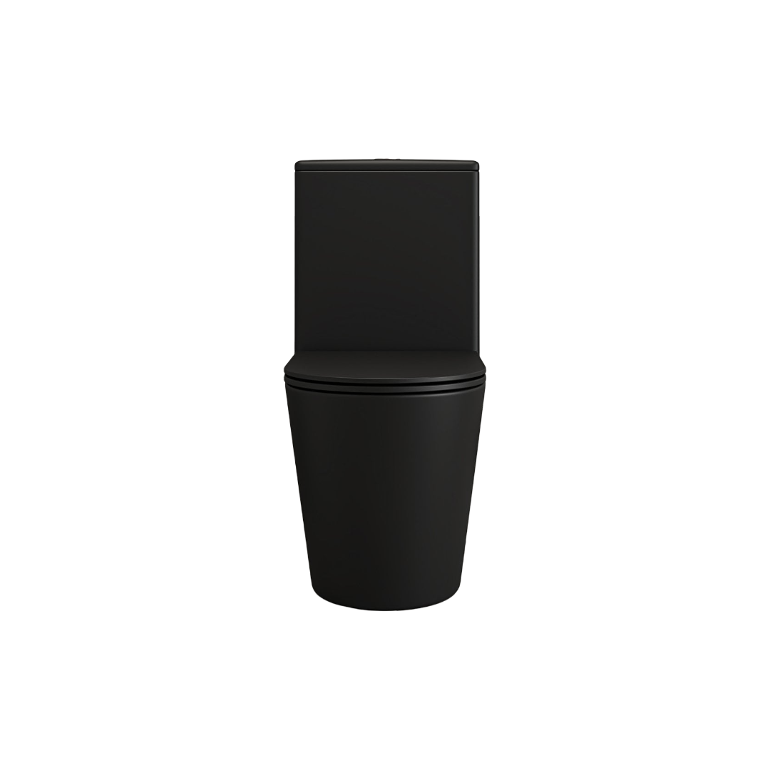 Faro Matt Black Close Coupled Rimless Toilet with Brushed Copper Push Button Flush, Soft Close Seat & Silent Flush Technology