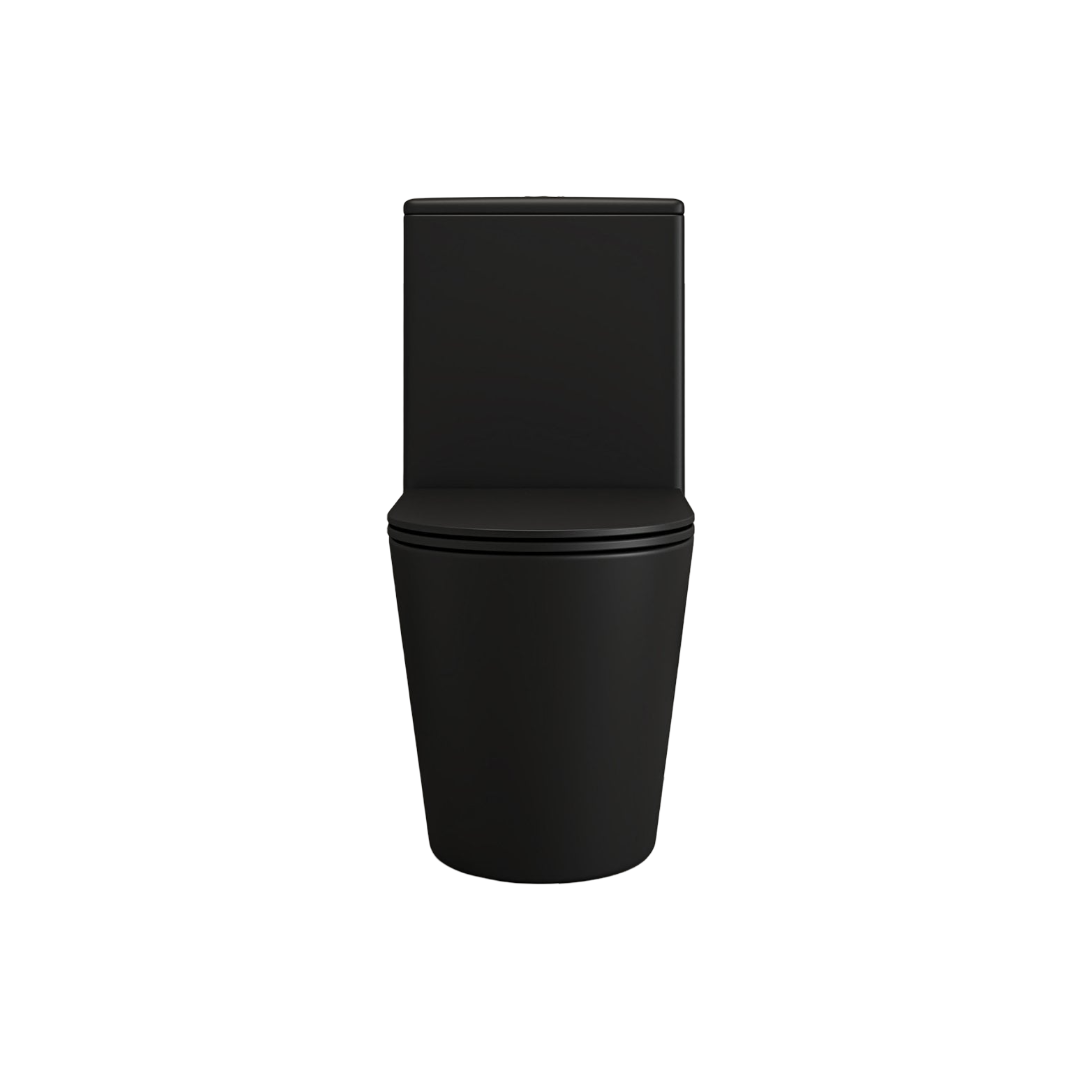 Faro Matt Black Close Coupled Rimless Toilet with Brushed Gold Push Button Flush and Soft Close Seat