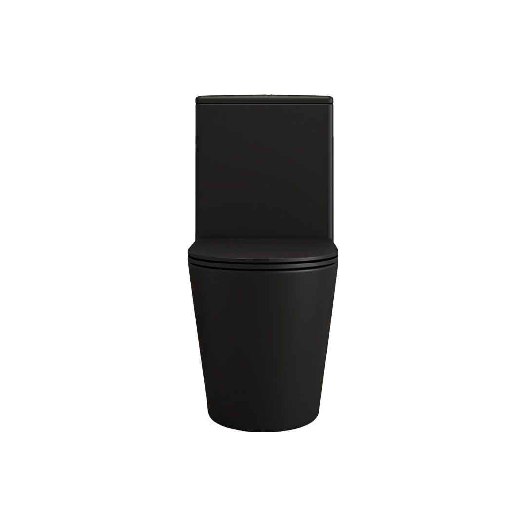 Faro Matt Black Close Coupled Rimless Toilet with Chrome Push Button Flush, Soft Close Seat & Silent Flush Technology