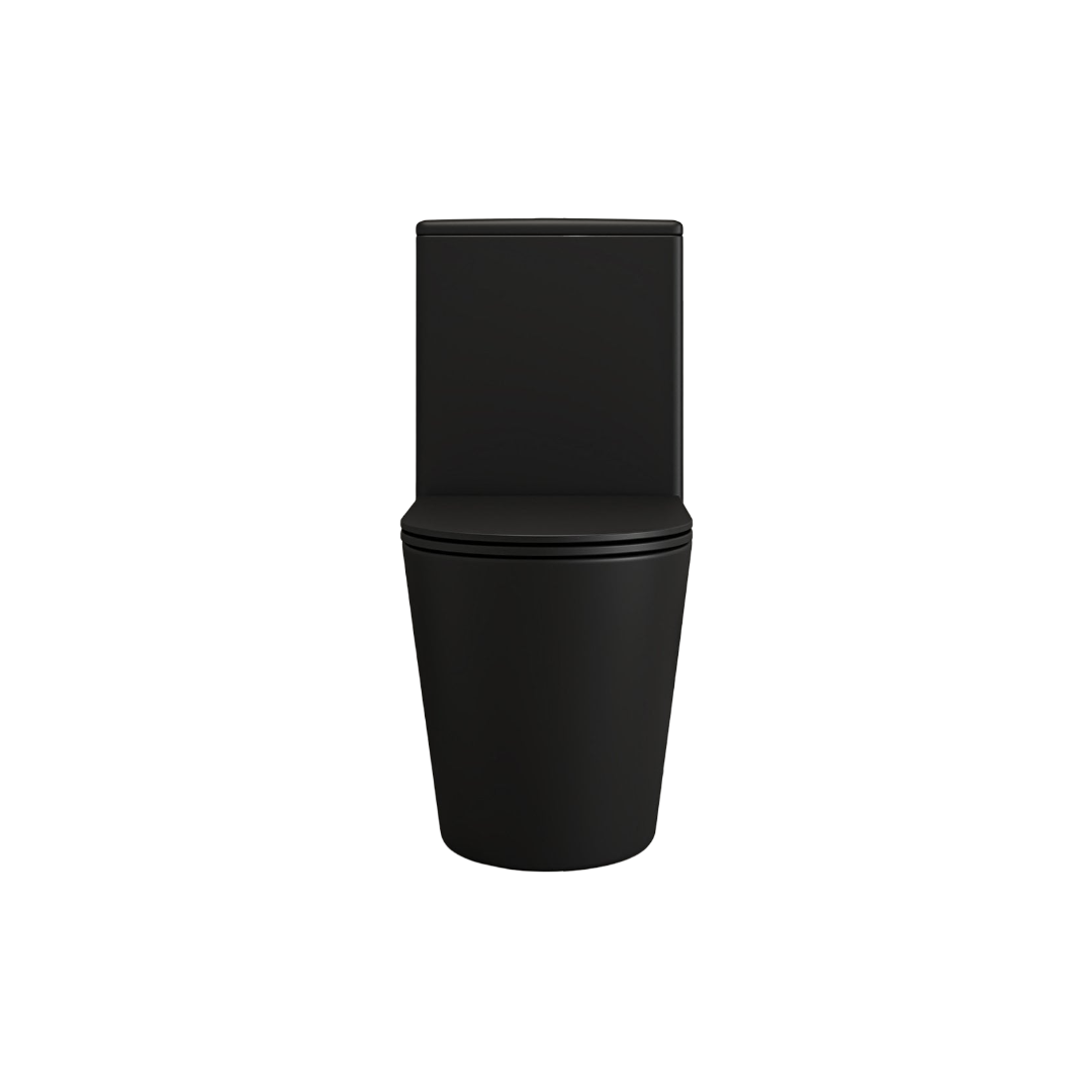 Faro Matt Black Close Coupled Rimless Toilet with Soft Close Seat and Matt Black Push Button Flush Plate