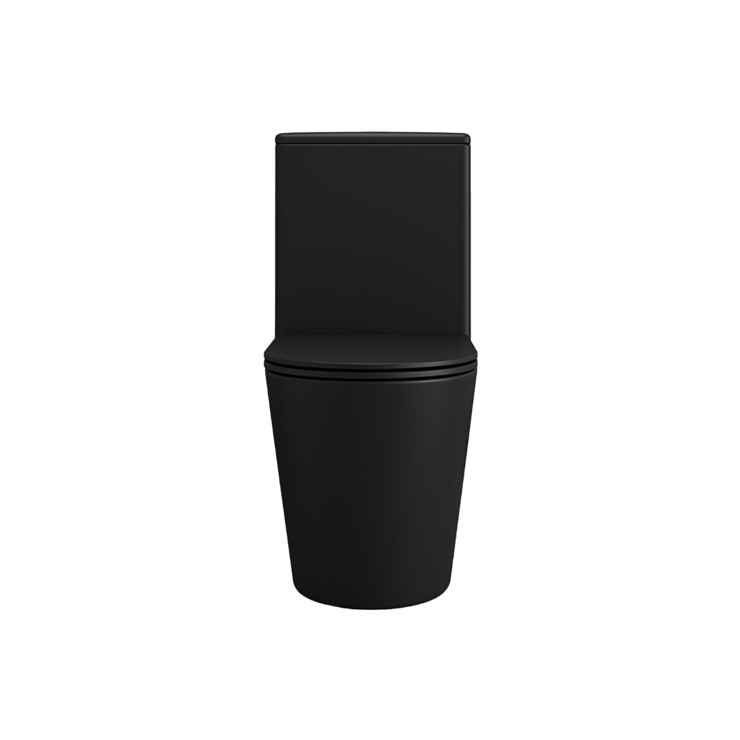 Faro Matt Black Close Coupled Rimless Toilet with Soft Close Seat & Matt White Push Button Flush Plate