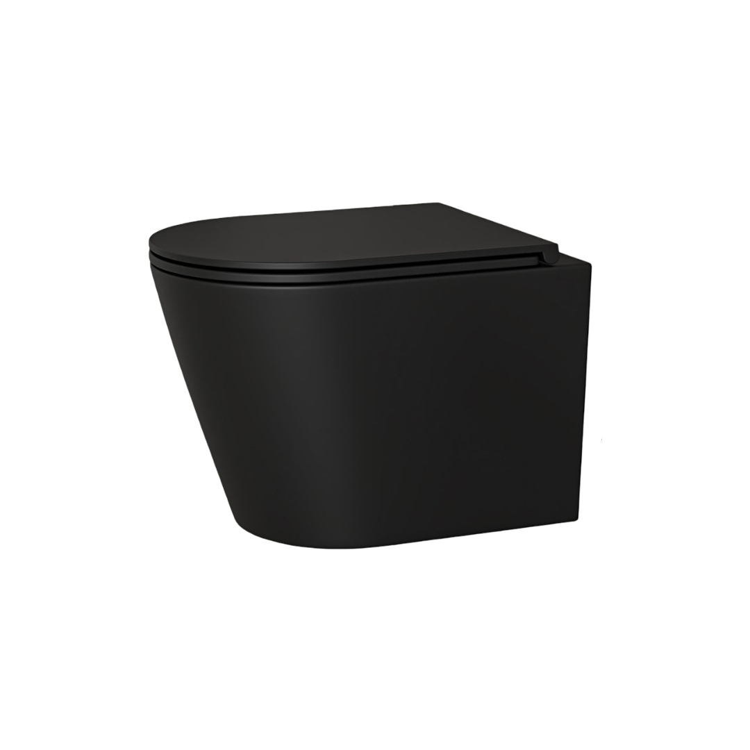 Faro Matt Black Wall Hung Rimless Toilet with Concealed Frame Cistern, Soft Close Seat & Brushed Copper Flush Plate
