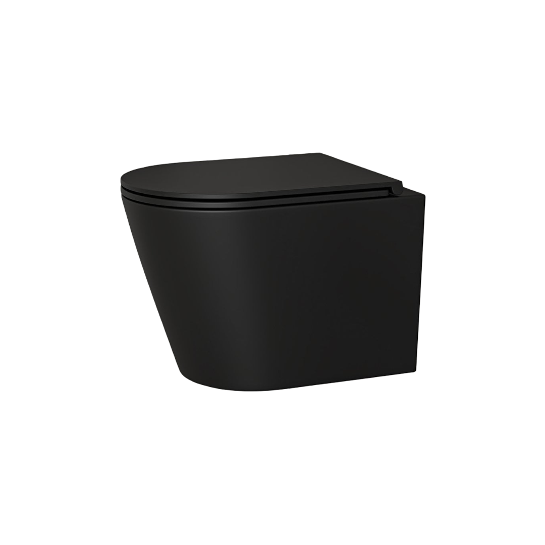 Faro Matt Black Wall Hung Rimless Toilet with Concealed Frame Cistern & Brushed Gold Flush Plate – Soft Close Seat, Hygienic Rimless Design