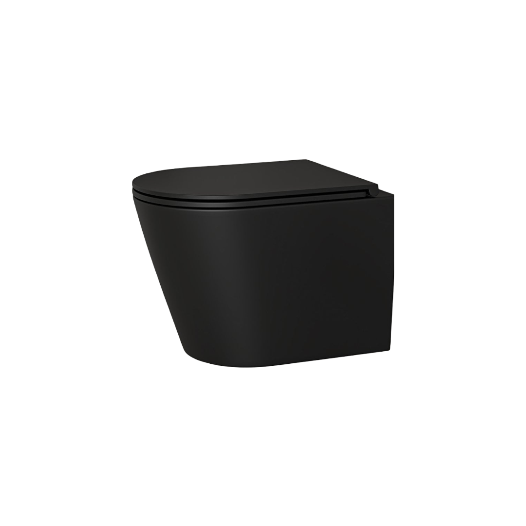 Faro Matt Black Wall Hung Rimless Toilet with Concealed Cistern Frame & Brushed Stainless Steel Flush Plate – Soft Close, Hygienic Ceramic Bathroom Suite
