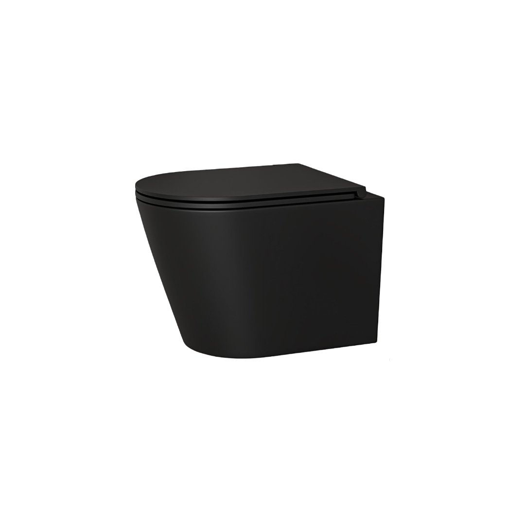 Faro Matt Black Wall Hung Rimless Toilet with Concealed Cistern Frame & Chrome Flush Plate – Soft Close Seat, Silent Flush Ceramic Bathroom Toilet