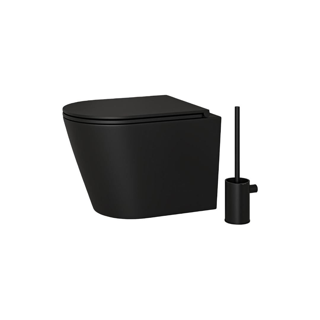 Faro Matt Black Wall Hung Rimless Toilet with Concealed Frame Cistern, Soft Close Seat & Matt White Flush Plate