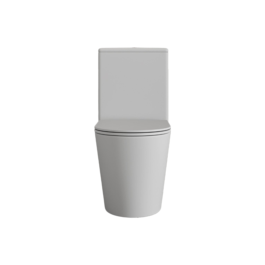 Faro Matt White Close Coupled Rimless Toilet with Brushed Copper Push Button Flush, Soft Close Seat, Silent Flush Ceramic Toilet for Modern Bathrooms