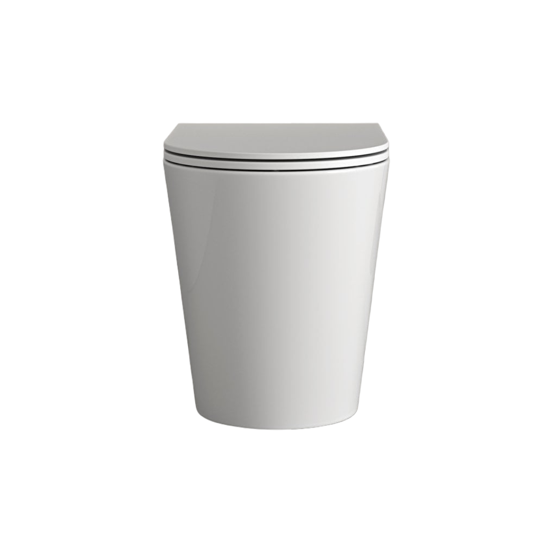 Faro Polished White Back to Wall Rimless Toilet with Concealed Cistern, Brushed Copper Flush Plate & Soft Close Quick Release Seat