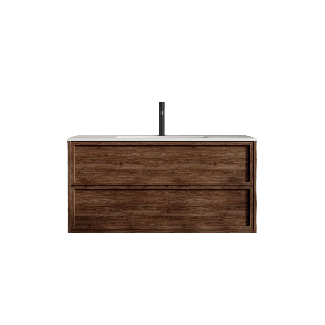 Florence 1000mm Walnut Wall Hung Vanity Unit with Stone Basin – Luxury Soft-Close Bathroom Cabinet with 2 Drawers, Pre-Drilled Tap Hole