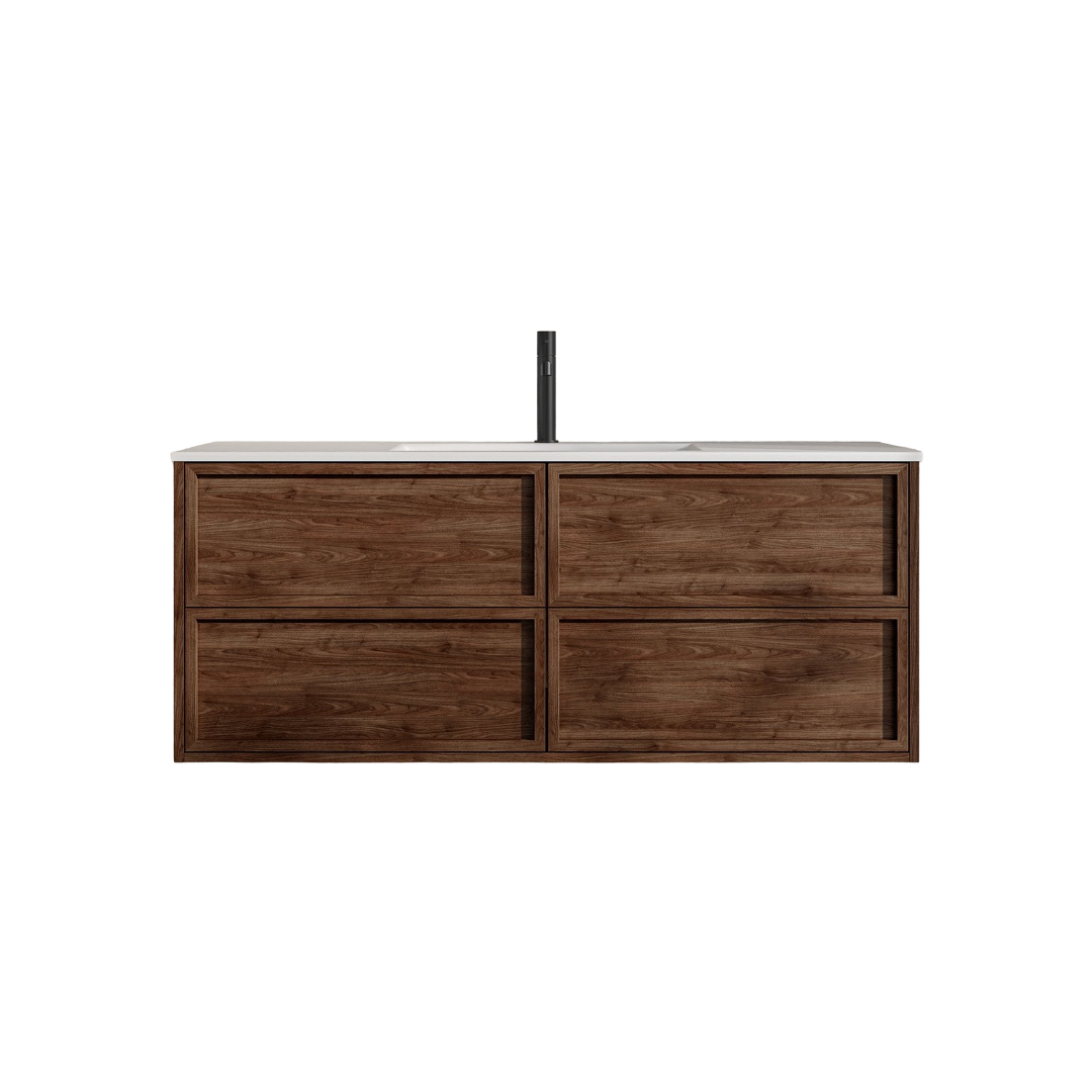 Florence 1200mm Wall Hung Walnut Vanity Unit with Stone Basin, 4 Soft-Close Drawers, Premium Ash Wood Bathroom Cabinet
