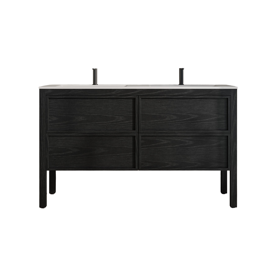 Florence 1400mm Matt Black Double Vanity Unit with Stone Basin, Wall-Mounted Ash Wood Bathroom Cabinet, Soft-Close Drawers