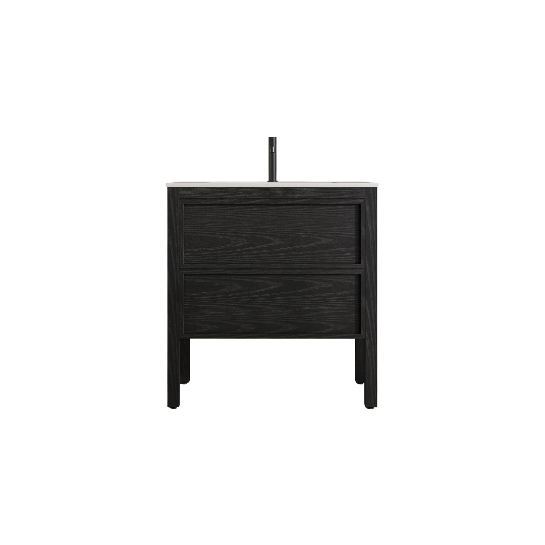 Florence 800mm Matt Black Vanity Unit with Stone Basin | Wall Mounted Bathroom Cabinet | Ash Wood Storage with Soft-Close Drawers | Modern Bathroom Furniture by Nosa